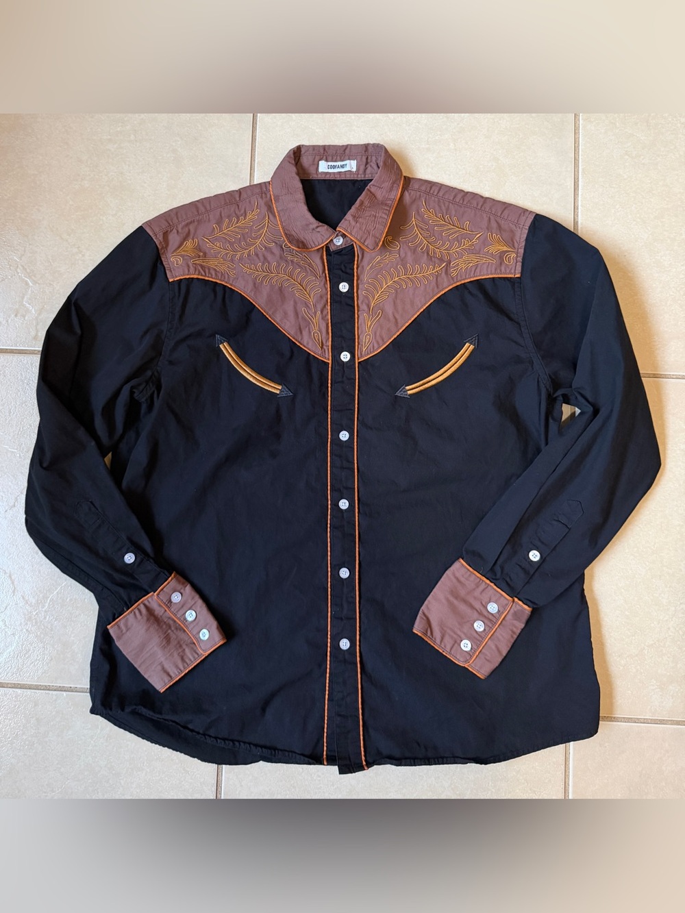Coofandy Mens Large Black and Brown Embroidered Long Sleeve Country Shirt